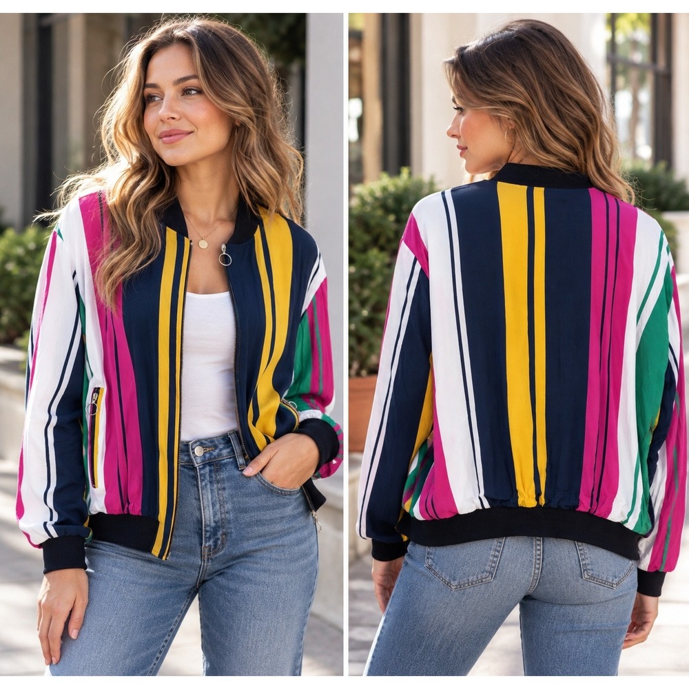 Zara Bomber Jacket Multicolor Stripe Retro 2010s Lightweight Made in Portugal L
